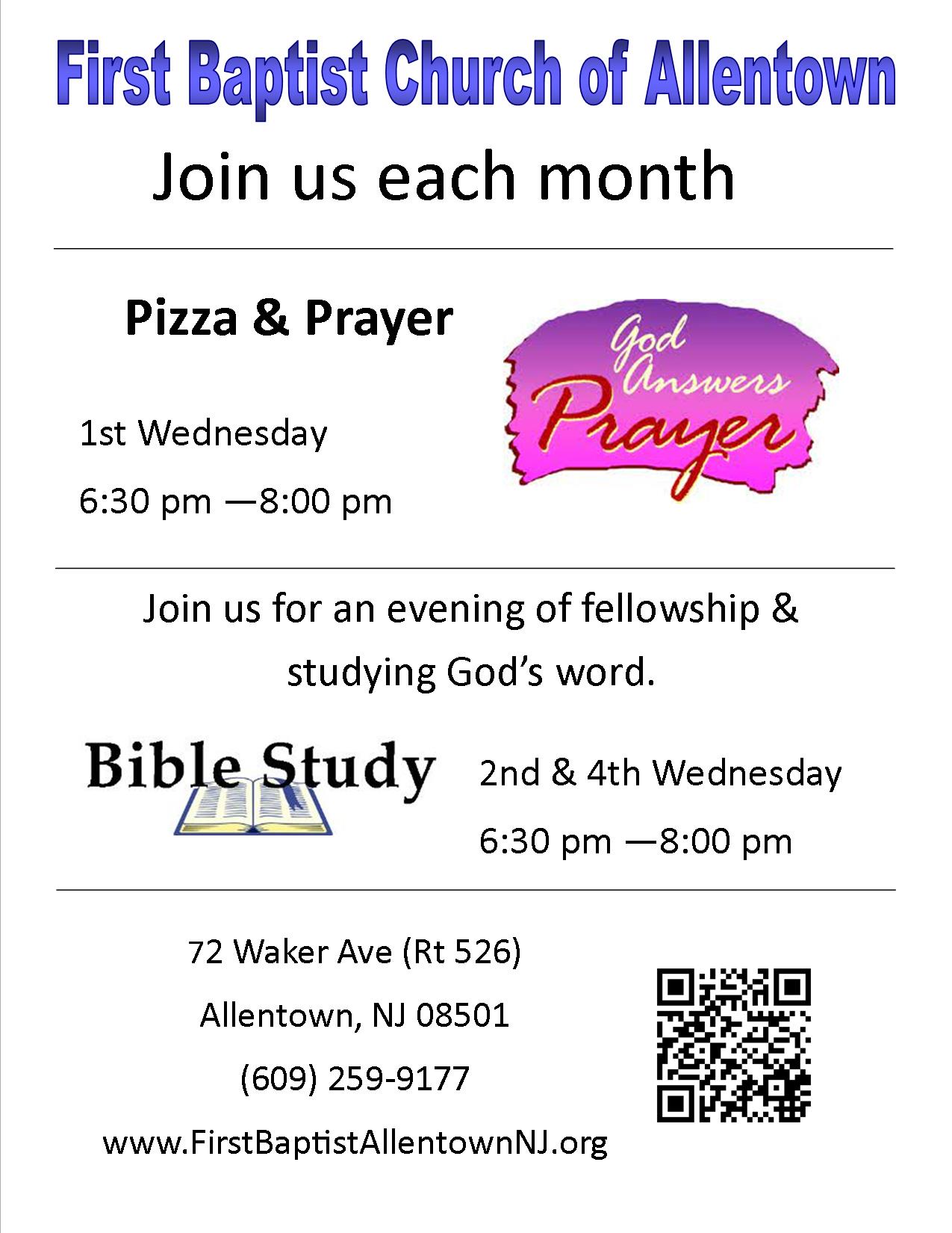 Monthly Activities: Pizza & Prayer and Bible Study